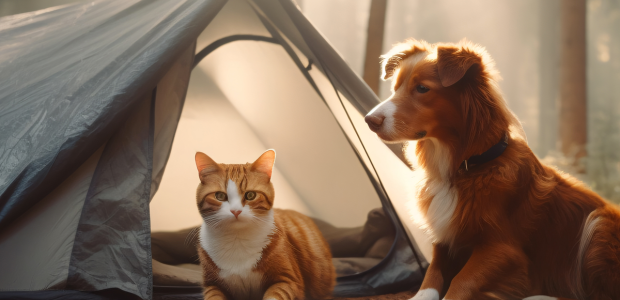 Hund und Katze in einem Zelt