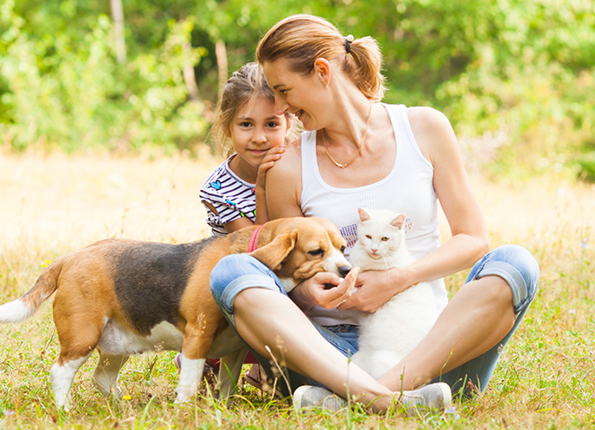 Mutter und Kind mit Hund und Katze